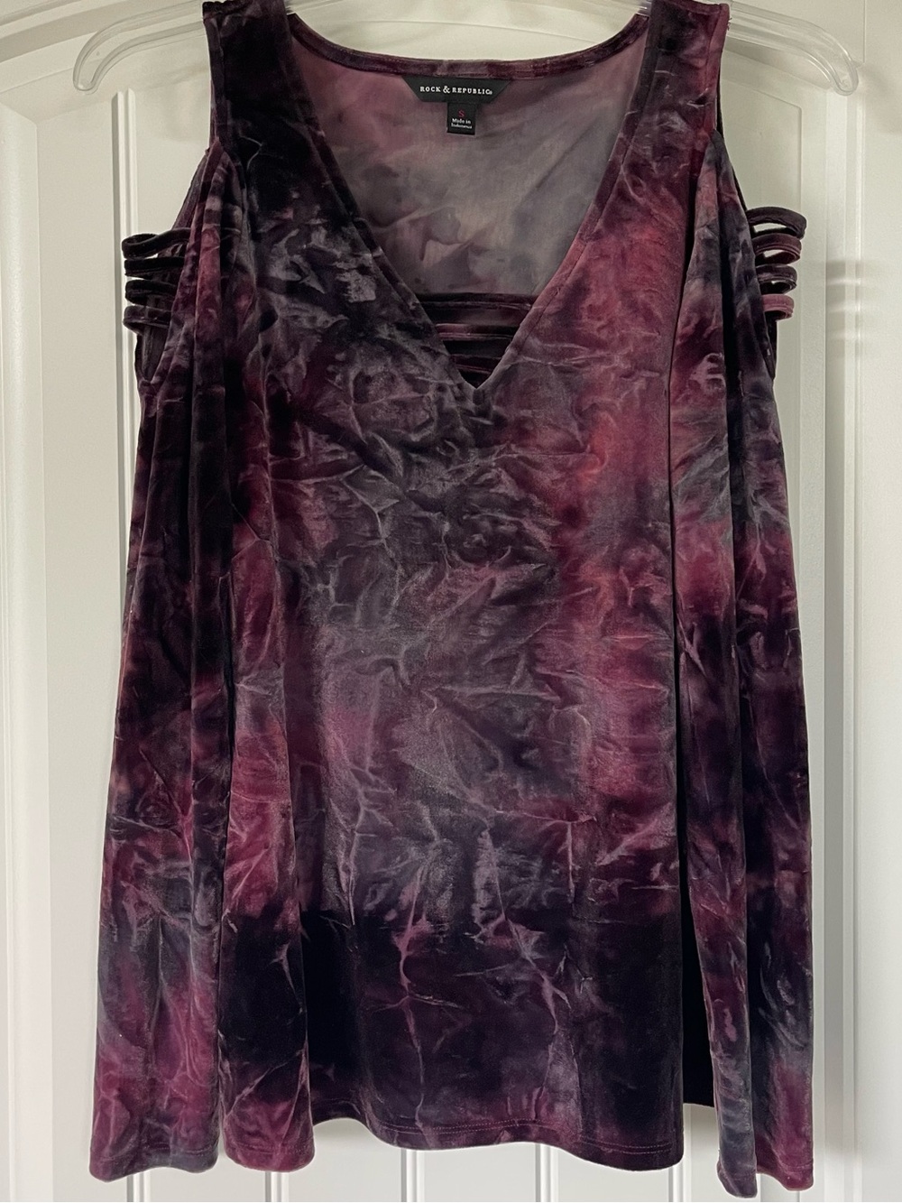 Rock & Republic Velvet Cold-Shoulder Top in Plum and Charcoal